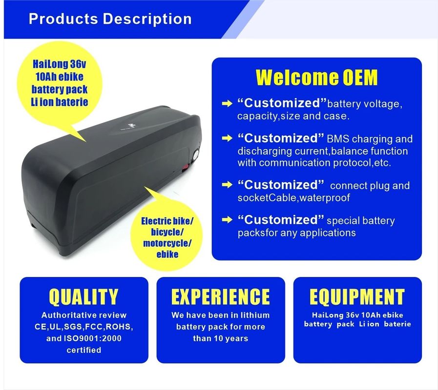 High-Performance E Bike Battery voor Hailong Case 250w/350w/500w Motor Zwart