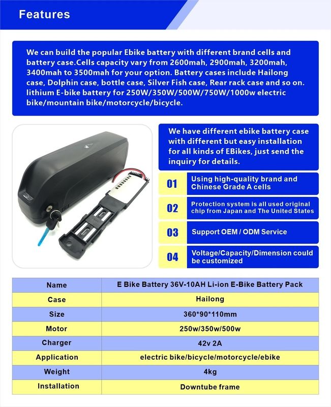 High-Performance E Bike Battery voor Hailong Case 250w/350w/500w Motor Zwart