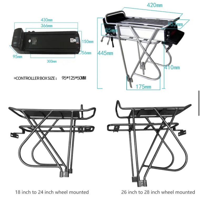 48V 36V Achterste Rack Lithium Ion E Bike Batterij Op maat Gewicht Charge Zilveren Hoesje